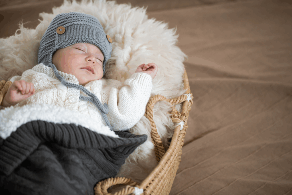 A newborn sleeping peacefully in a woven basket with soft blankets and a knit hat, an example of safe and simple newborn photography posing ideas for beginners.