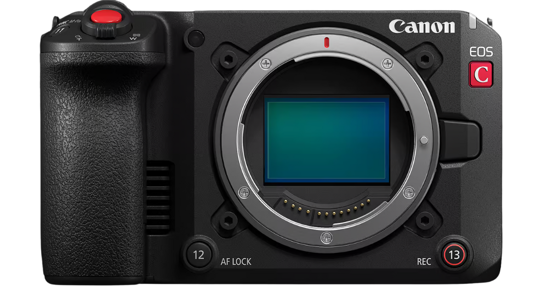Canon EOS C50 cinema camera placed on a gimbal setup, highlighting its lightweight and portable design.