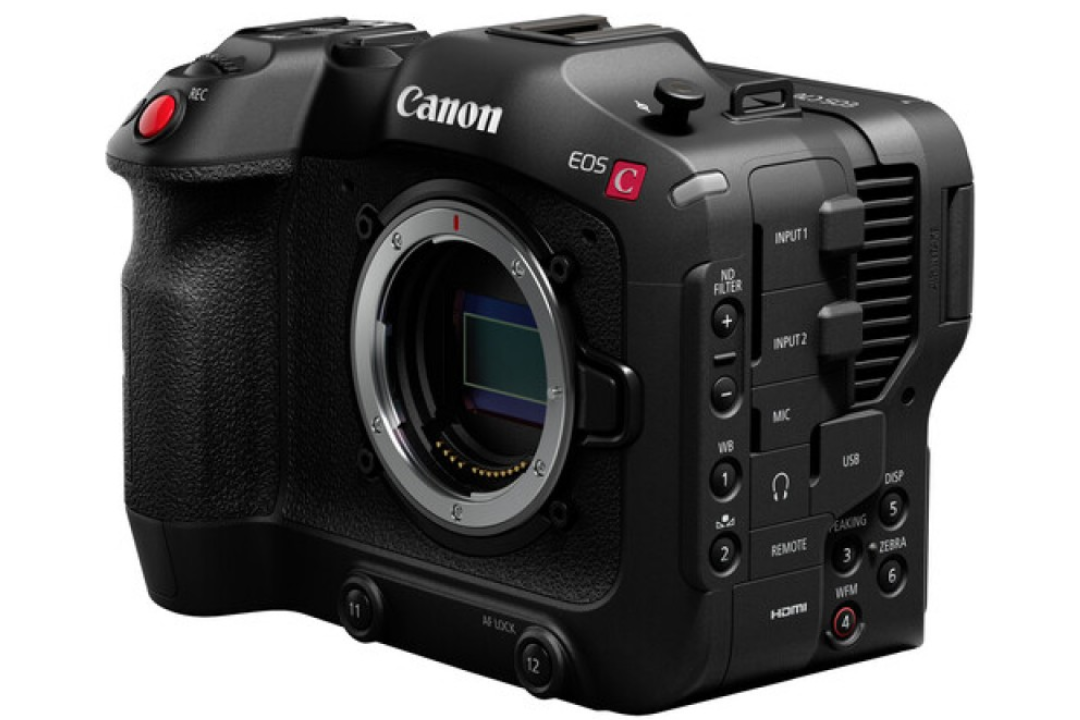 Canon C70 cinema camera on a desk, placed side by side with the smaller Canon EOS C50.