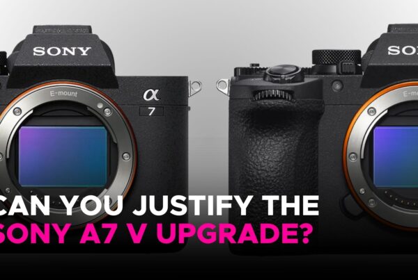 Two Sony Alpha camera bodies side-by-side, showing the front mounts of the A7 IV and the new A7 V, with text asking: “Can you justify the Sony A7 V upgrade?”