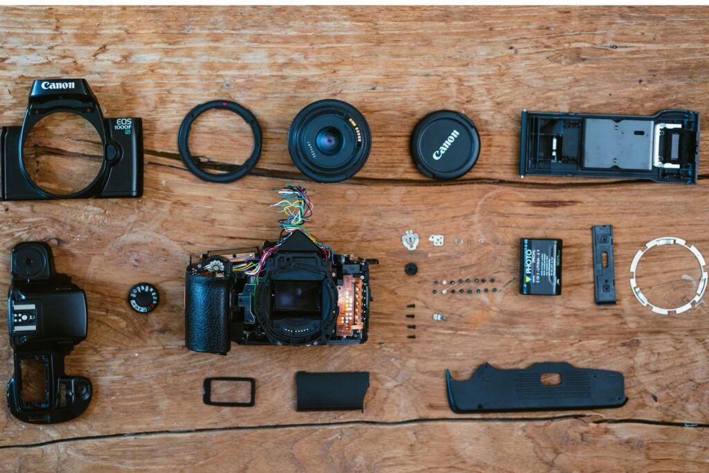Exposed mirrorless camera with visible sensor and internal electronics, illustrating how cameras are finally built for real work under the hood.