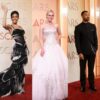 Five celebrities posing on the Oscars red carpet in front of the Academy Awards step-and-repeat backdrop
