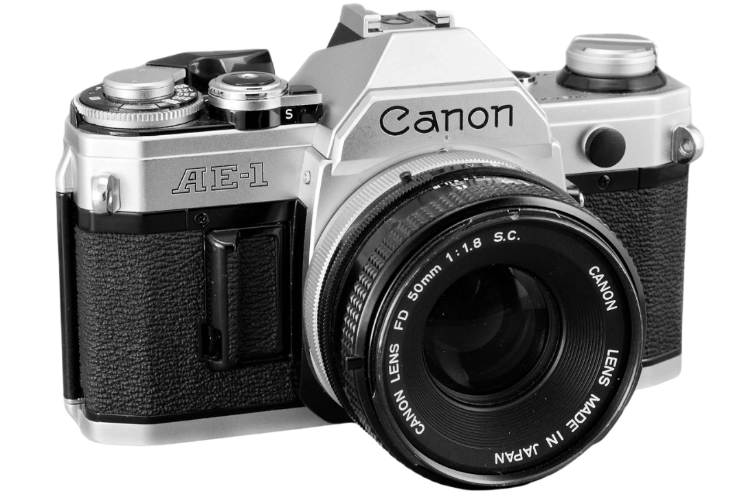 Canon AE-1 35mm SLR film camera with FD 50mm f/1.8 lens — the camera that defined photography is turning 50