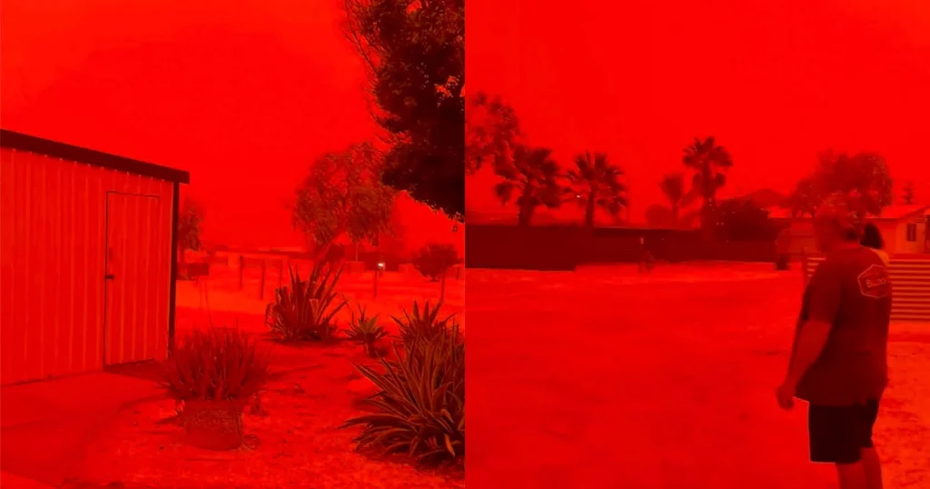 Blood-red sky over Shark Bay, Western Australia during Tropical Cyclone Narelle, where iron-rich dust and cloud cover combined to create the phenomenon known as The Sky Turned Blood Red in Australia.