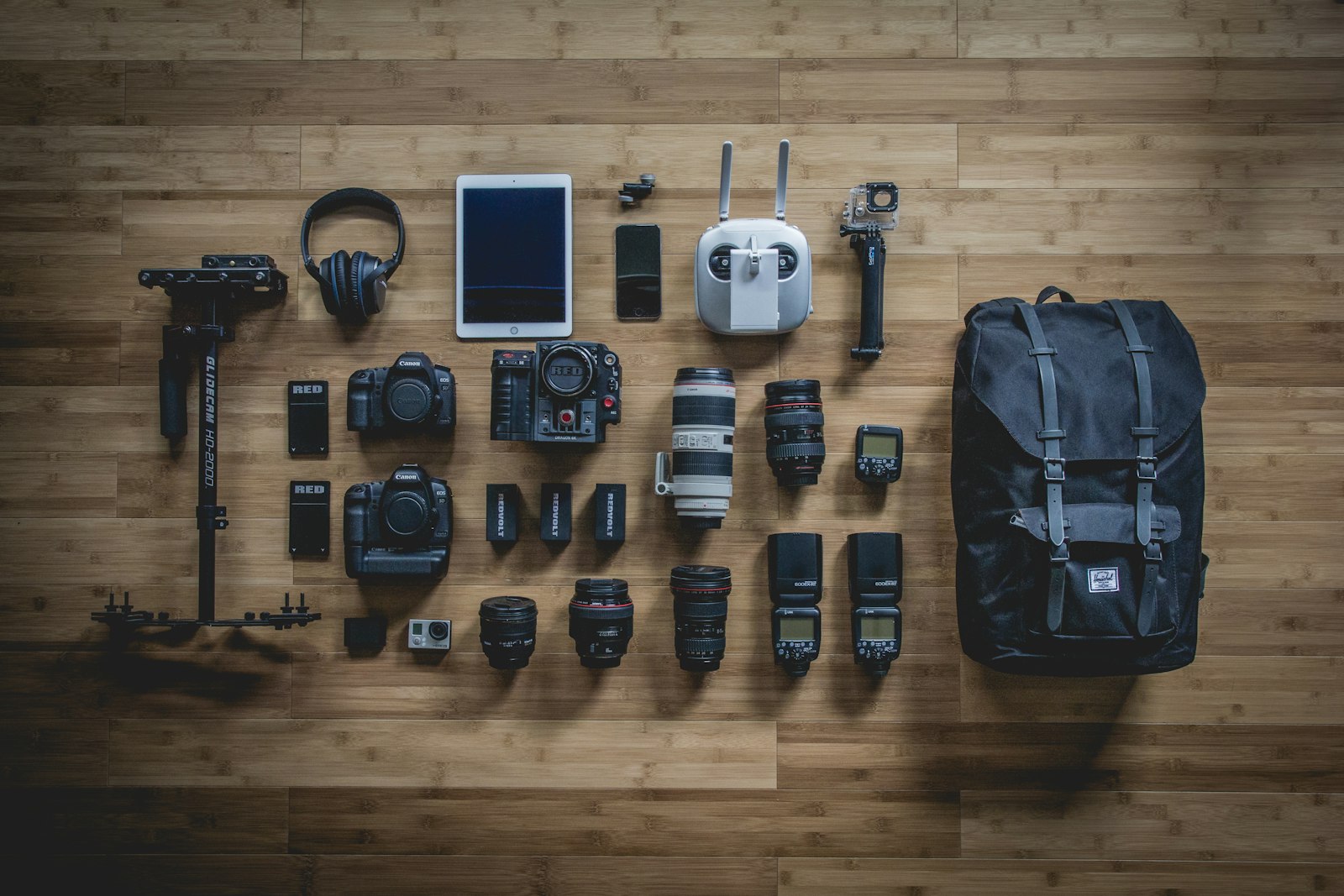 flat lay of modern camera bodies, lenses, and a backpack arranged on a wooden floor
