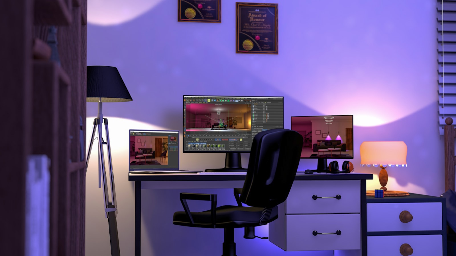 desktop computer with dual monitors displaying photo editing software in a dimly lit room at night