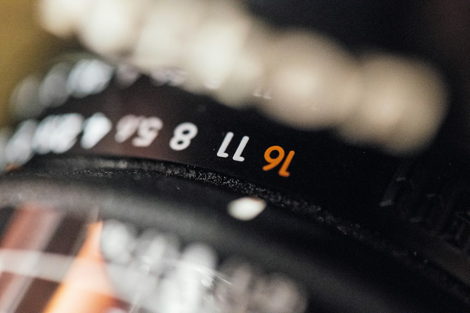 close-up of a camera lens aperture ring showing f-stop markings