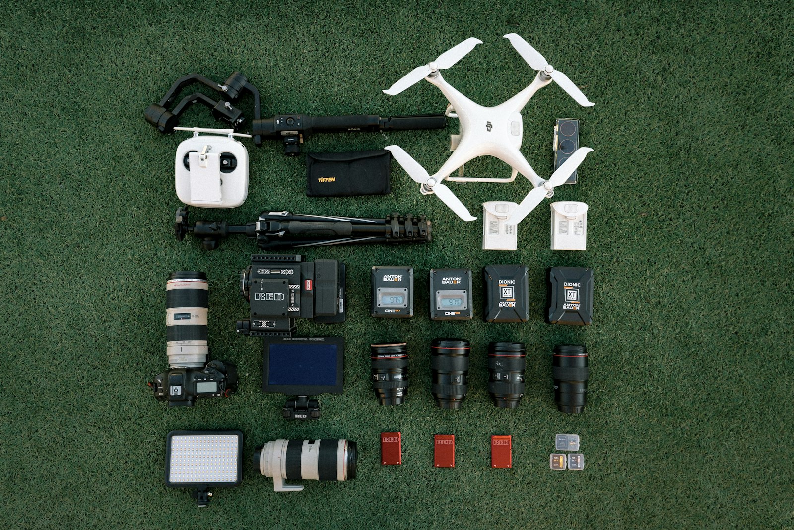drone, batteries, lenses, propellers and camera equipment arranged on green surface