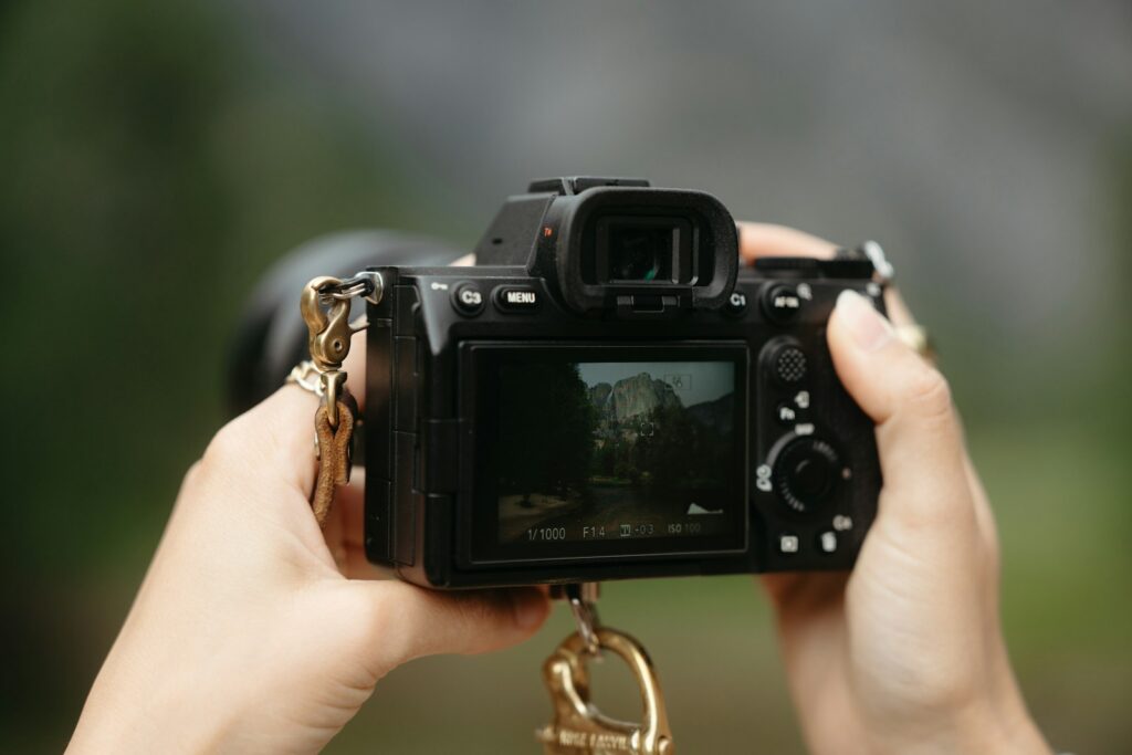 hands holding a mirrorless camera at eye level framing a landscape outdoors